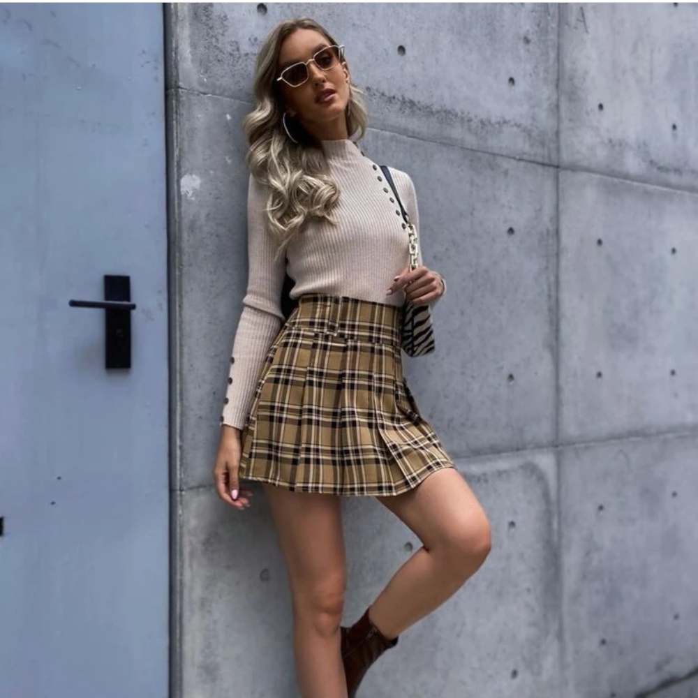 High Waist Tartan Pleated Skirt, small, SHEIN